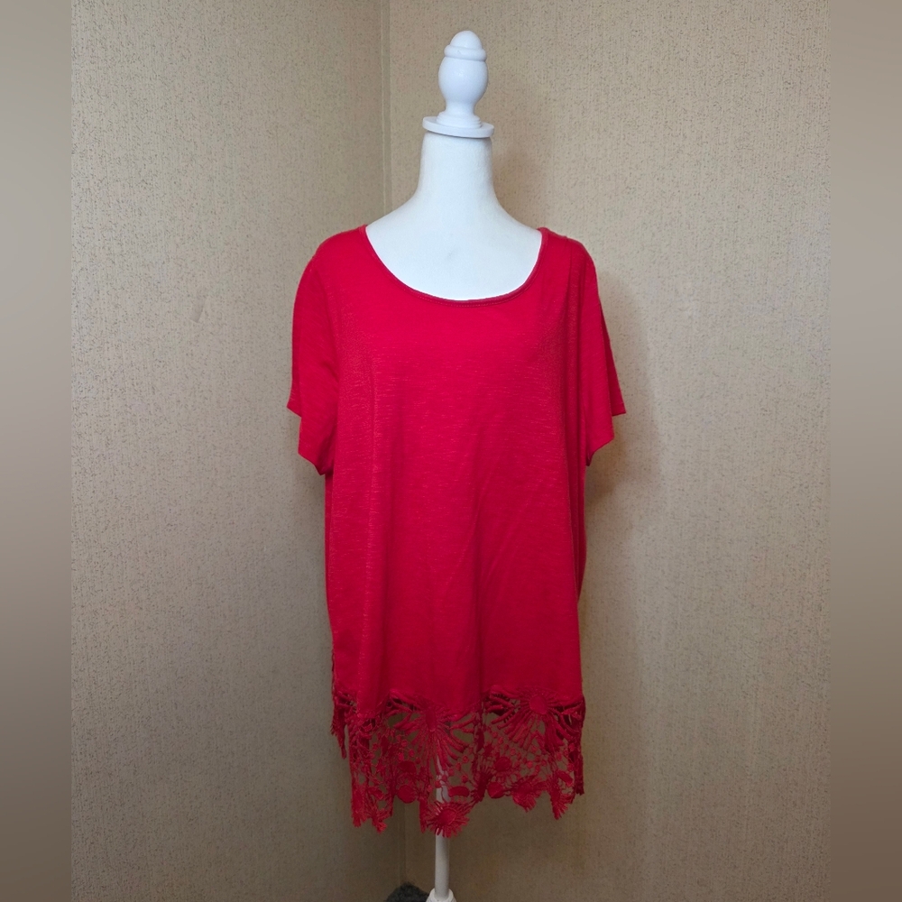 Lane Bryant Red Crochet Lace Hem Short-sleeved Pull on Top Tunic SZ: 24